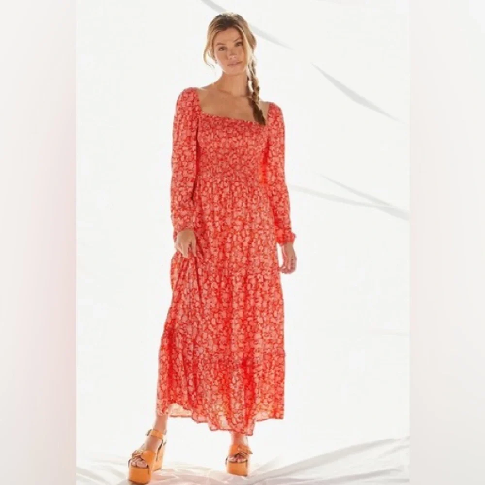 Anthropologie Dolan Left Coast Floral Smocked Midi Dress Red Pink Medium - Picture 2 of 6